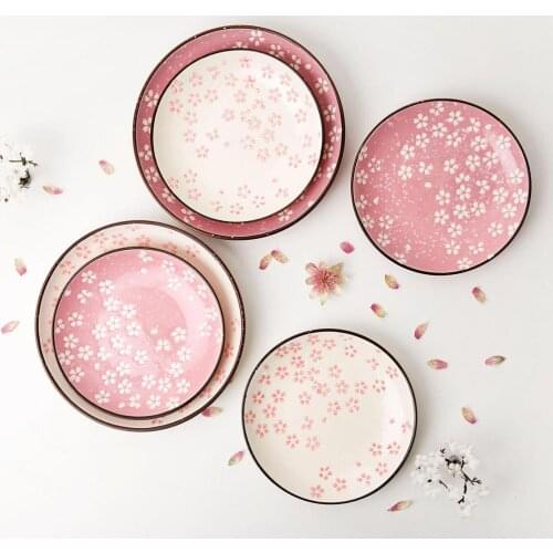 Sakura Pattern Ceramic Plate Dinner Plates Kitchen Tableware Fruit Dessert Cake Dishes Snack Steak Sushi Plate Serving Dish