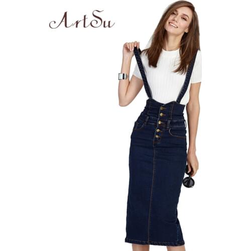 ArtSu Vintage Womens Denim Button Skirt 2017 Elastic Slim Jeans Skirts Strap Pockets High Waist Long Skirts Plus Size ASSK50009