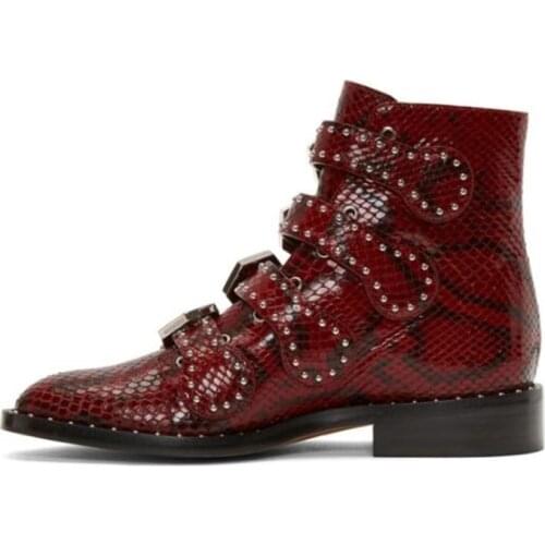 Red Ankle Snake-embossed Calfskin Booties Studded Almond Toe Adjustable Buckle Strap Low Heel Casual Women Shoes High Quality