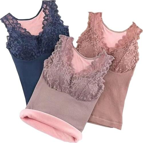 Women 2021 Autumn And Winter Thermal Vest Underwear Female Ultra Soft Thicken Velvet Slim Warm Lace Camis Sleeveless Shirt Tops