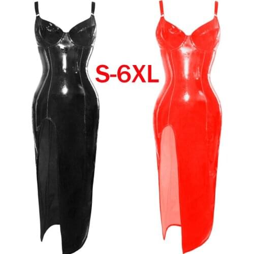 PVC Wetlook Leather Bodycon Long Dress Women Sexy V Neck Split Side Straps Bondage Maxi Dress Party Clubwear Plus Size Dresse