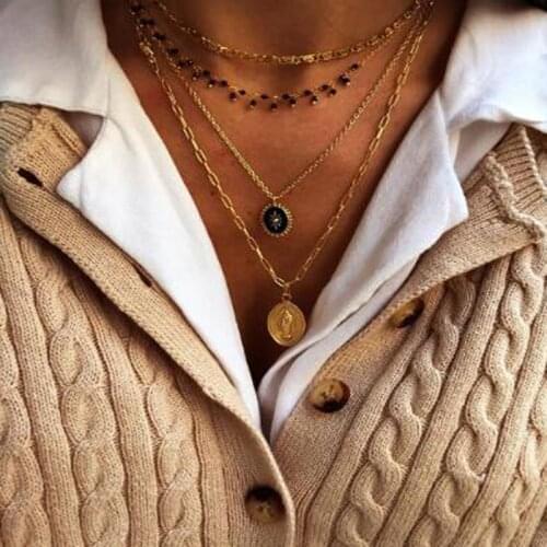 Tocona Bohemian Virgin Mary Pendant Necklace for Women Charms Black Bead Multilayer Gold Color Chain Party Jewelry 15200