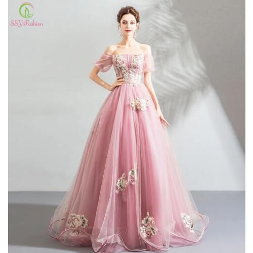 SSYFashion New Sweet Pink Lace Evening Dress Boat Neck Short Sleeved Floor-length Embroidery Elegant Banquet Prom Party Gown