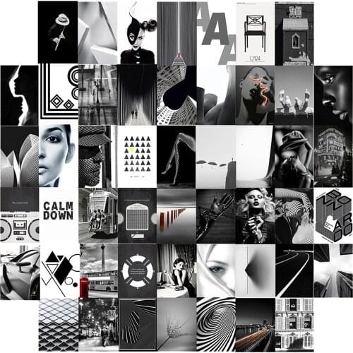 50Pcs Black and White Style Aesthetic Character Geometric Artistic Picture Collage Set Architecture Postcard Wall Paper Decor