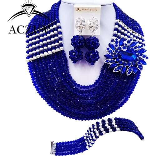 ACZUV 10 Rows Royal Blue Nigerian Wedding African Beads Jewelry Set Crystal Party Jewelry Sets 10LBJZ023