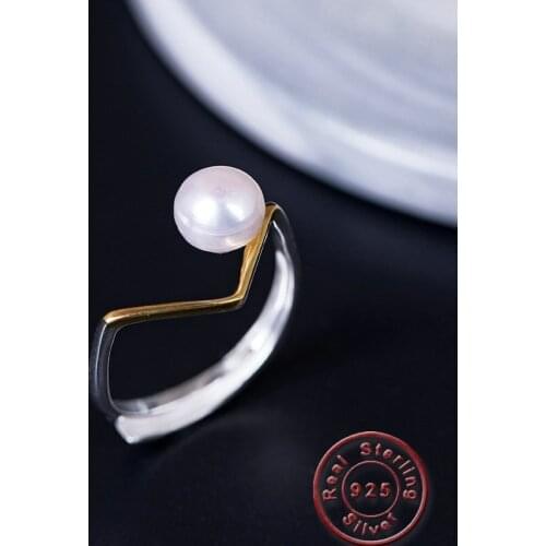 Amxiu 7mm Freshwater Pearl Ring 925 Silver Open Rings Two Tones Color Jewelry for Women Girls Wedding Valentines Day Gift Anel