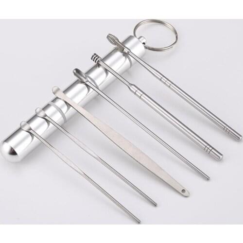 U90E 6-in-1 Pocket Ear Spoon Toothpicks Keychain With Portable Aluminium Alloy Bottle Ear Pick Set Reusable Keychain Pendant