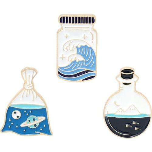 Wave drift bottle pin Cosmic space planet pin Marine glass bottle collar pin Bag decoration paint badge Gift for friends
