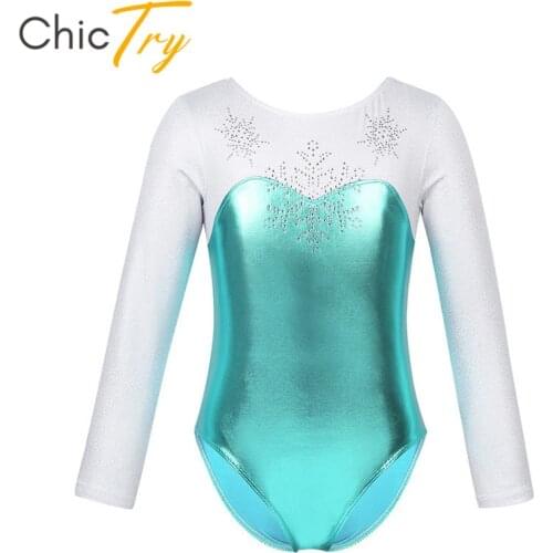 ChicTry Long Sleeve Shiny Metallic Rhinestone Snowflake Girls Dancewear Skating Gymnastics Leotard for Kids Ballet Dance Costume