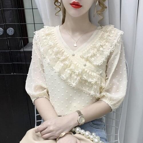 French Chiffon Shirt Womens Blouses Pullover V-neck Puff Sleeve Short Sleeve Top Summer Womens Tops and Blouses Blusas Mujer