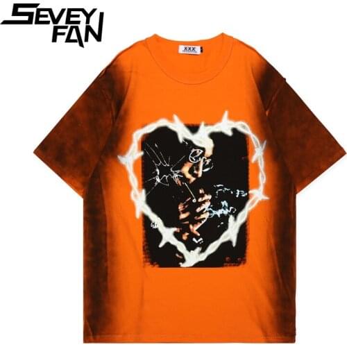 SEVEYFAN Fashion Tie Dye Heart Pattern Printed T Shirts Mens Hip Hop Short Sleeve Tees for Couples