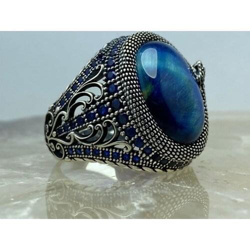 Silver 925 sterling Turkish handmade jewelry Blue Tigers eye stone mens ring all sizes