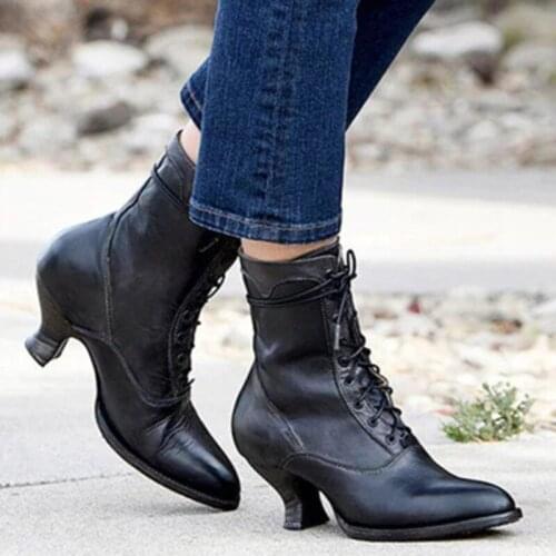 Leather lace Up Wedges boots Strange heel women Cowboy Boots Round Toe Shoes British Style Plus size 35-43 Street Outdoor shoes
