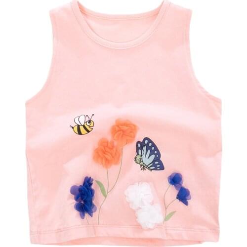 Little Maven New Summer Kids Pinkish 3D Floral Bee Butterfly O-neck Sleeveless Cotton Knitted Girls Casual Tshirts Vest Tops