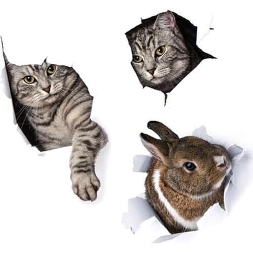 Cute 3D Bunny kitten Wall Sticker for Bathroom Toilet cupboard Home decoration Decals Background wallpaper animals Stickers