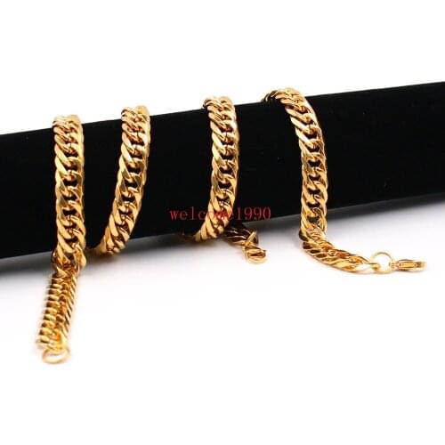 Fashion Gold 8"-32" wide 12mm Double Curb Cuban Chain Necklace or Bracelet 316L Stainless Steel Mens Holiday Jewelry Gift