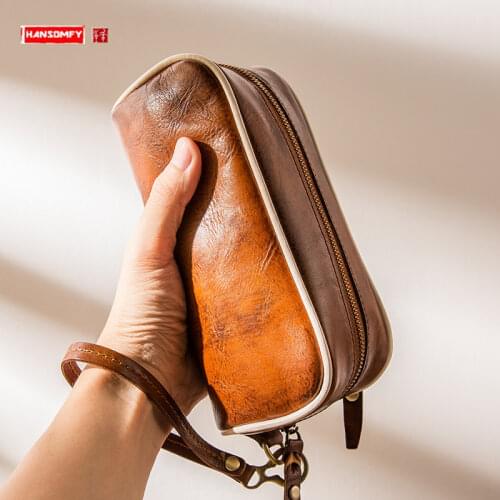 Retro Long Genuine Leather Wallet Mens Purses Vegetable Tanning Leather Men Clutch Bag Mobile Phone Bag Simple Zipper Wallet