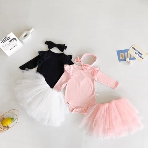 New Baby Girl Clothes Set 3 Piece Solid Ruffles Long Sleeve Romper+mesh Skirt+bow Headband Party Wedding Princess Clothes 0-2Y