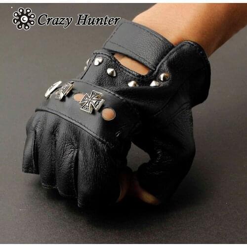 Men Real Leather Cross Stud Punk Rocker Driving Motorcycle Fingerless Gloves G02