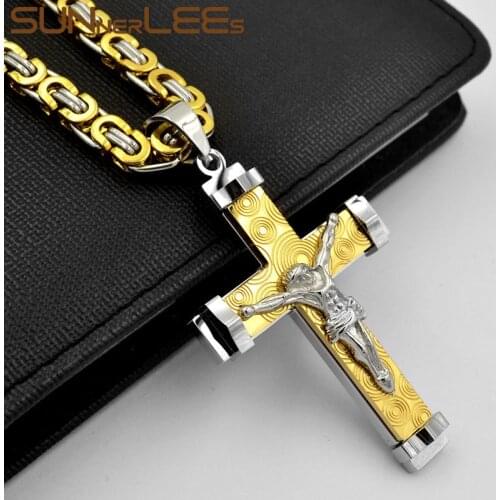 SUNNERLEES Stainless Steel Jesus Christ Cross Pendant Necklace Byzantine Link Chain Silver Color Gold Plated Men Boys Gift SP204