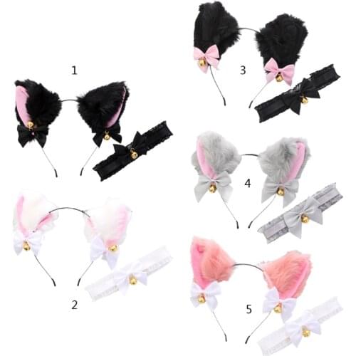 Cat Ears Headband Lace Necklace with Bell Lovely Furry Kitten Headwear Collar Headpiece Accessories for Festival Cosplay
