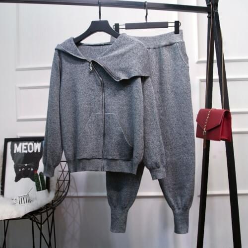 Womens Direct Selling V-neck Full Suit 2019 Winter New Simple Zipper Knitted Cardigan And Pants Two-piece Set Casual