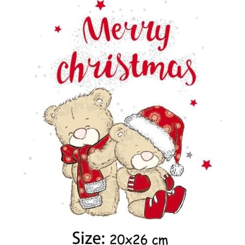Merry Christmas thermal Stickers for kids Clothes Heat Transfer Washable Parches Cute Bear Appliqued Iron-On Transfer Patch
