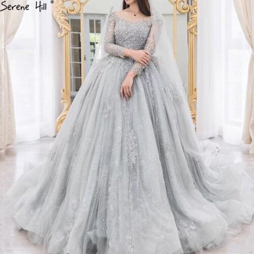 Grey Long Sleeves Luxury Sexy Wedding Dress With Beading Sequined Beading High-end Vintage Bridal Gowns 2021