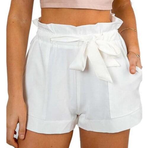 Elegant Women Summer Shorts Solid Pocket High Waist Shorts Female Tie Front Ruffle Waist Shorts Ladies Streetwear