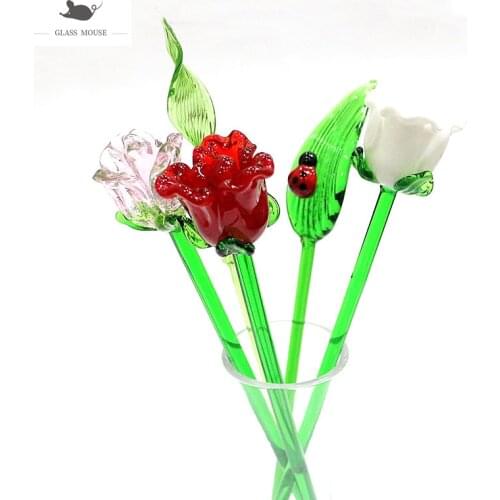 Lampwork Handmade Art Murano Glass Flower Lovely Long Stem Rose Ornament Valentines Day Holiday Party Gifts For Home Vase Decor