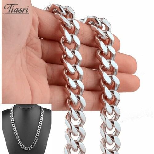 Tiasri 13mm Goth Mens Necklace Bracelet Cuban Link Chain Silver Color Collar Choker Stainless Steel Jewelry Punk Hip-hop Style