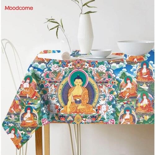 Tibetan Tangka Buddhism Art Sakyamuni Guanyin Buddha Worship Art Waterproof Tablecloth Desk Cover Wall Art Linen Wall Tapestry