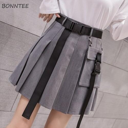 Pleated Skirts Women Solid Summer Cargo Cool Students Streetwear Pocket Harajuku High Waist Fashion Teens Ladies Popular Bottom
