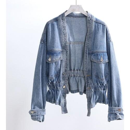 2021 Autumn Korean High Waist Short Denim Jacket Coat Women V-Neck Long Sleeve Outerwear Slim Elastic Waist Jeans Jackets Female