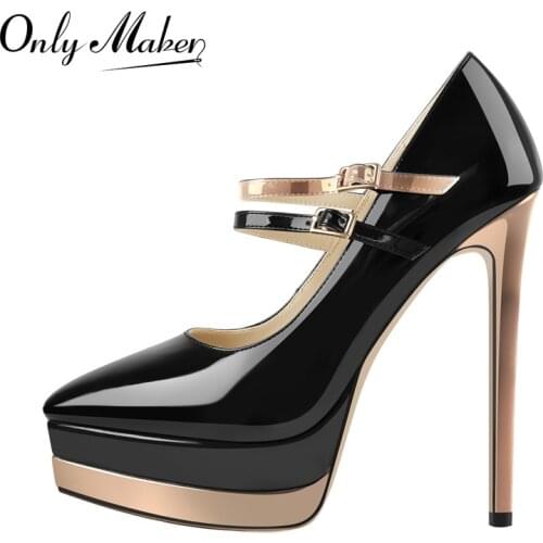 Onlymaker Women Platform Pumps Patent Leather Thin High Heels Pointed Toe Shallow Shoes Double Buckle Big Size