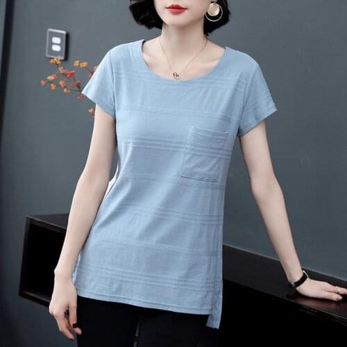 Women Spring Summer Style T-Shirts Tops Lady Casual Short Sleeve O-Neck Long Style Tshirts Tees with Pocket ZZ0226