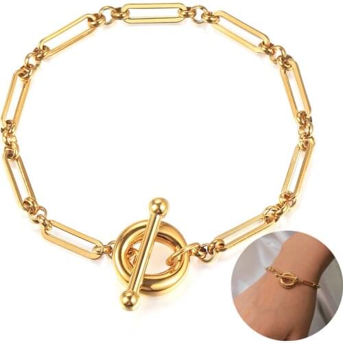 Vintage Gold Cable Chain Bracelets For Women Stainless Steel 4mm Cable Link Bracelet Toggle Clasp Girl Party Wrist Jewelry DB328
