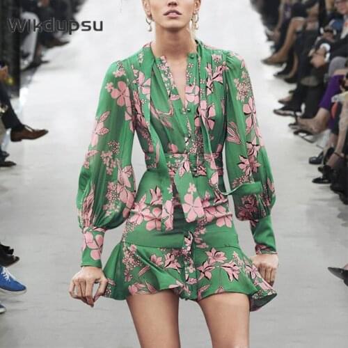 Runway Dress Designers 2021 Spring Summer Slim Bodycon Ruffle Single Button V Neck Long Sleeve High Quality Elegant Party Dress