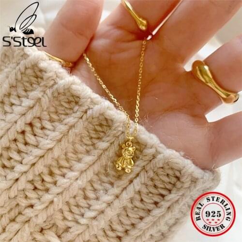 SSTEEL Sterling Silver 925 Necklaces For Women Cute Bear Gold Chain Pendants Necklace Plata De Ley 925 Collares Mujer Jewelry