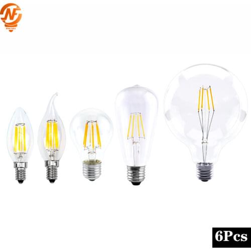 6pcs/lot LED Edison Bulb E27 G45 A60 G80 G95 LED Bulb E14 C35 C35L Filament Light 220V 2W 4W 6W 8W Retro Vintage Glass Bulb Lamp