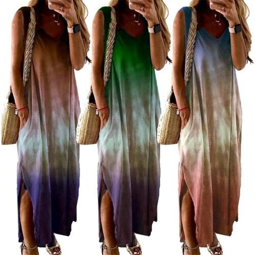 75% HOT SALES!!! Women Boho V Neck Sleeveless Gradient Color Pockets Slitting Hem Long Dress