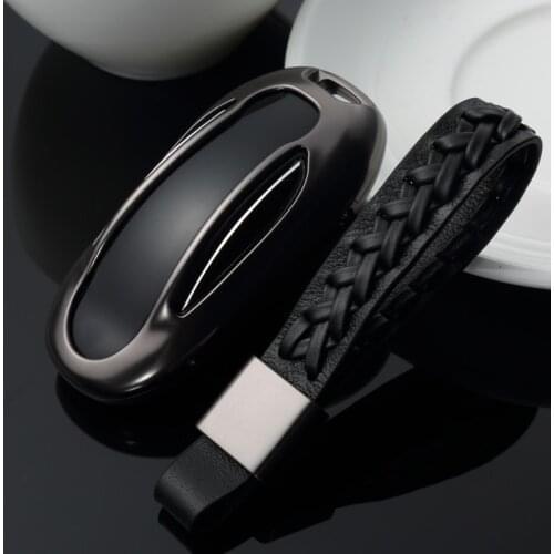 For Tesla MODEL 3 2021 Accessories Leather Car Key Case cover 1Pcs Belt Aluminum Alloy+TPU Key Shell Bag Protector MODEL Y X