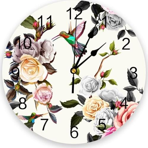 Watercolour Rose Peony Bird Wall Clock For Modern Home Decoration Teen Room Living Room Needle Hanging Watch Table Clock