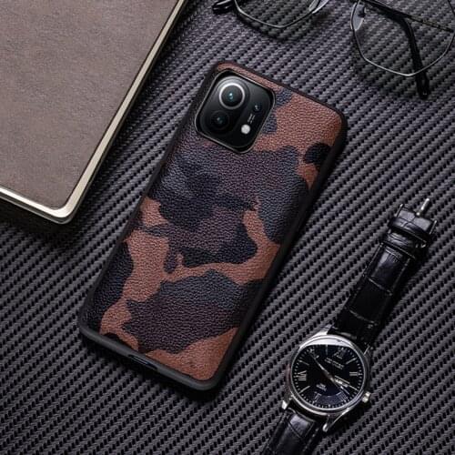 Genuine Leather Phone Case For Xiaomi Mi 11 10 9 Pro 8 SE Mix 2S Note 10 Pro Luxury Natural Cowhide Skin Cover Camouflage Paca