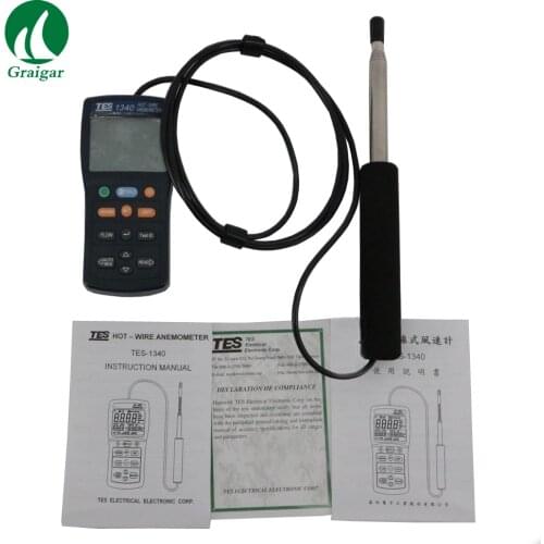 TES-1340 Hot Wire Thermo Anemometer HVAC Air Flow Velocity Tester Air Wind Flow Meter TES1340