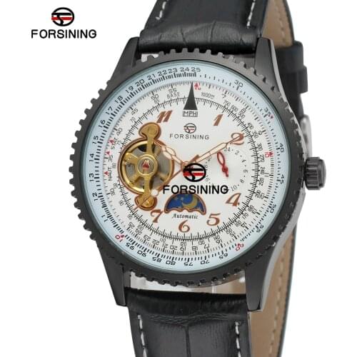 FORSINING Top Brand Men Automatic Mechanical Watch Man Leather Strap 24-hours Hands Sub-dial Moon Sun Display Royal WristWatches