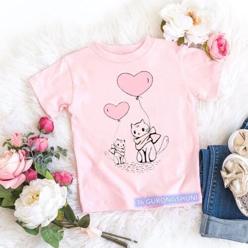 T-shirt fot boys/girls cute cat and balloon cartoon print kids clothes Harajuku boys/girls universal tshirt pink yellow tops