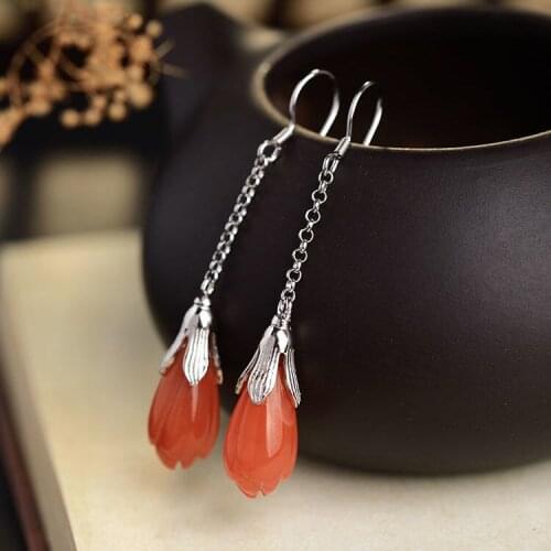 Natural Hetian Jade Magnolia Ear Hook S925 Sterling Silver Southern Red Agate Stud Earrings Retro Personality Orchid Elegant Je