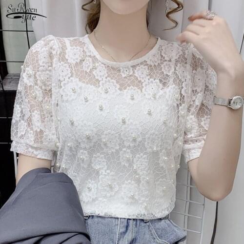 Summer 2021 Shirt Sexy Lace Shirt O-neck Fashion Style Base Shirt with Sling Hollow Out Beading Shirt French Short Sleeve 14045