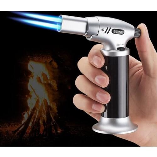 Metal Windproof Torch Lighter Blue Double Flame Gas Lighter Smoking Cigar Butane Lighters Kitchen Outdoor BBQ Ignition Spray Gun